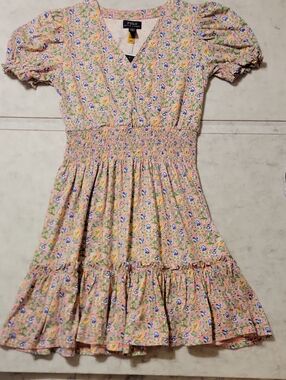 NWT Polo by Ralph Lauren Pink Floral V‑Neck Smocked Waist Dress Large (12-14)